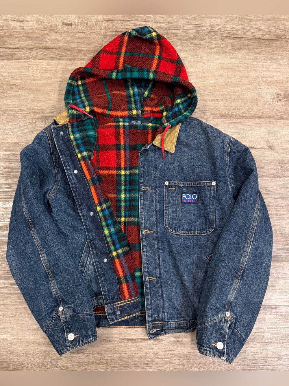 Polo Ralph Lauren Hi-tech Denim Trucker Jacket Plaid Fleece Lining Large